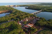Picture taken with drone of the Bridge over the Tiete River on the BR-153 (Tranbrasiliana) highway, between the municipalities of Ubarana on the left and Promissao on the right - Promissao Hydroelectric Power Plant in the background - Ubarana city - Sao Paulo state (SP) - Brazil
