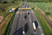Picture taken with drone of toll Square on  Transbrasiliana Highway (BR-153) - Jose Bonifacio city - Sao Paulo state (SP) - Brazil