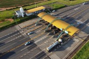 Picture taken with drone of toll Square on  Transbrasiliana Highway (BR-153) - Jose Bonifacio city - Sao Paulo state (SP) - Brazil