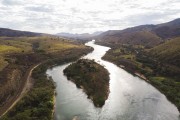 Picture taken with drone of the Doce River bordered by the Vitoria-Minas Gerais railroad - Baixo Guandu city - Espirito Santo state (ES) - Brazil