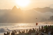 Red flag signaling unsuitable sea for swimming - Sunset on Ipanema beach with Two Brothers Mountain in the background - Rio de Janeiro city - Rio de Janeiro state (RJ) - Brazil