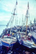 View of berthed boats - Acai Fair port with the Ver-o-peso Market (XVII century) in the background - The 80s - Belem city - Para state (PA) - Brazil