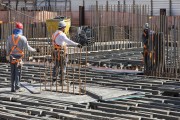 Civil construction workers assembling slab base on shoring - Sao Paulo city - Sao Paulo state (SP) - Brazil
