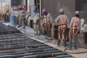 Civil construction worker assembling slab base on shoring - Sao Paulo city - Sao Paulo state (SP) - Brazil