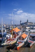 View of berthed boats - Acai Fair port with the Ver-o-peso Market (XVII century) in the background - Belem city - Para state (PA) - Brazil