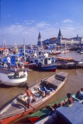 View of berthed boats - Acai Fair port with the Ver-o-peso Market (XVII century) in the background - Belem city - Para state (PA) - Brazil