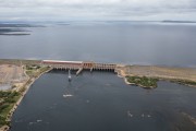 Picture taken with drone of the Sobradinho Hydroelectric Power Plant dam with maximum water capacity - Sobradinho city - Bahia state (BA) - Brazil