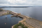 Picture taken with drone of the Sobradinho Hydroelectric Power Plant dam with maximum water capacity - Sobradinho city - Bahia state (BA) - Brazil