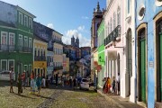 View of historic houses in Pelourinho - Our Lady of Rosario dos Pretos Church (XVIII century) in the background