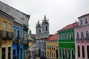 View of historic houses in Pelourinho - Our Lady of Rosario dos Pretos Church (XVIII century) in the background  - Salvador city - Bahia state (BA) - Brazil