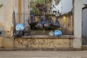 Organic garbage bags hanging on the facade of the house - Guarani city - Minas Gerais state (MG) - Brazil