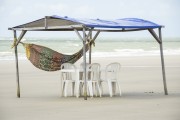 Wooden tent, table and chairs at Meio Beach - Sao Luis city - Maranhao state (MA) - Brazil