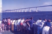 Passengers on the ferry that crosses the Guanabara Bay observe the Rio-Niteroi Bridge - Rio de Janeiro city - Rio de Janeiro state (RJ) - Brazil