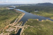 Picture taken with drone of the Porcos, Canabrava, Cipo, Boi I and Boi II interconnected reservoirs - Project of Integration of Sao Francisco River with the watersheds of Northeast setentrional - Brejo Santo city - Ceara state (CE) - Brazil