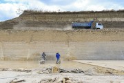 Mining company workers with circular saw cutting limestone for extraction Pedra Cariri - Santana do Cariri city - Ceara state (CE) - Brazil