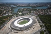Picture taken with drone of the Governor Magalhaes Pinto Stadium (1965) and multi-sport gym Estadio Jornalista Felippe Drummond, known as Mineirinho, with Pampulha Lagoon in the background - Belo Horizonte city - Minas Gerais state (MG) - Brazil
