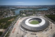 Picture taken with drone of the Governor Magalhaes Pinto Stadium (1965) and multi-sport gym Estadio Jornalista Felippe Drummond, known as Mineirinho, with Pampulha Lagoon in the background - Belo Horizonte city - Minas Gerais state (MG) - Brazil
