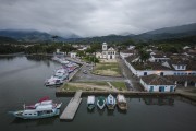 Picture taken with drone of boats at the Paraty pier with Santa Rita de Cassia Church (1722) in the background - Paraty city - Rio de Janeiro state (RJ) - Brazil