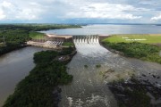 Picture taken with drone of the Marimbondo hydroelectric plant in Rio Grande with the spillway open after heavy rains, between the municipalities of Fronteira (MG) and Icem (SP) - Icem city - Sao Paulo state (SP) - Brazil