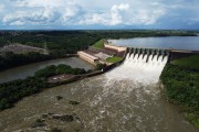 Picture taken with drone of the Marimbondo hydroelectric plant in Rio Grande with the spillway open after heavy rains, between the municipalities of Fronteira (MG) and Icem (SP) - Icem city - Sao Paulo state (SP) - Brazil