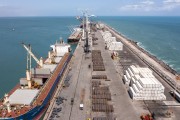 Picture taken with drone of cargo ships moored at Pier 3 - Pecem Port - Sao Goncalo do Amarante city - Ceara state (CE) - Brazil