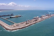 Picture taken with drone of cargo ships moored at Pier 3 - Pecem Port - Sao Goncalo do Amarante city - Ceara state (CE) - Brazil