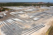 Picture taken with drone of wind turbine blades in the yard of a logistics company in the Industrial and Port Complex of Pecem - Sao Goncalo do Amarante city - Ceara state (CE) - Brazil