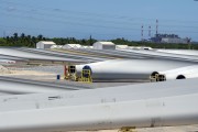 Picture taken with drone of wind turbine blades in the yard of a logistics company in the Industrial and Port Complex of Pecem - Sao Goncalo do Amarante city - Ceara state (CE) - Brazil
