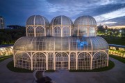 Picture taken with drone of the glass greenhouse in the Curitiba Botanical Garden (Francisca Maria Garfunkel Rischbieter Botanical Garden) at dawn - Curitiba city - Parana state (PR) - Brazil