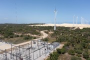 Picture taken with drone of the Taiba Wind Farm with substation and transmission line on the west coast of Ceara - Sao Goncalo do Amarante city - Ceara state (CE) - Brazil