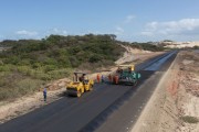 Picture taken with drone of vibro asphalt paver in the duplication work on the CE-155 highway in the section of the Industrial and Port Complex of Pecem - Sao Goncalo do Amarante city - Ceara state (CE) - Brazil