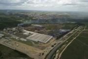 Picture taken with drone of the factory of the company Placas Brasil of eucalyptus plywood - Pinheiros city - Espirito Santo state (ES) - Brazil