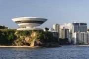 View of Niteroi Contemporary Art Museum (1996) - part of the Caminho Niemeyer (Niemeyer Way) - from Guanabara Bay  - Niteroi city - Rio de Janeiro state (RJ) - Brazil