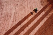 Picture taken with drone of tractor subsoiling the earth with limestone - Poloni city - Sao Paulo state (SP) - Brazil
