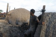 Worker and oven used in charcoal production - Boa Vista city - Roraima state (RR) - Brazil