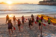Hawaiian canoe students with oars preparing to enter the sea - Copacabana Beach - Rio de Janeiro city - Rio de Janeiro state (RJ) - Brazil