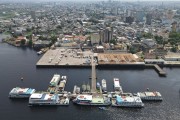 Picture taken with drone of boats in the Port of Modern Manaus - Manaus city - Amazonas state (AM) - Brazil