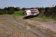 Picture taken with drone of boat stranded on the Negro River during the dry period - Cacau Pirera Port - Iranduba city - Amazonas state (AM) - Brazil