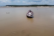 Picture taken with drone of a regional boat stranded on the Negro River during the drought - Manaus city - Amazonas state (AM) - Brazil