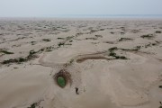 Picture taken with drone of riverine farmer walking on the part of the Solimoes River that dried up during the drought - Manaus city - Amazonas state (AM) - Brazil