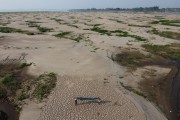 Picture taken with drone of riverine fishermen carrying a canoe on the dry bed of the Solimoes River - Careiro da Varzea city - Amazonas state (AM) - Brazil