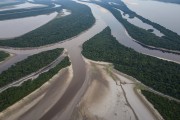 Picture taken with drone of the Negro River and Amazon rainforest during severe drought in the Amazon - Anavilhanas National Park  - Manaus city - Amazonas state (AM) - Brazil