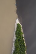 Picture taken with drone of dark and muddy waters in the Negro River during severe drought in the Amazon - Anavilhanas National Park  - Manaus city - Amazonas state (AM) - Brazil