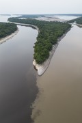 Picture taken with drone of dark and muddy waters in the Negro River during severe drought in the Amazon - Anavilhanas National Park  - Manaus city - Amazonas state (AM) - Brazil