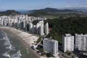 Picture taken with drone of the Sobre as Ondas Building with Asturias Beach on the left - Guaruja city - Sao Paulo state (SP) - Brazil
