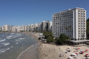 Picture taken with drone of the Sobre as Ondas Building with Asturias Beach on the left - Guaruja city - Sao Paulo state (SP) - Brazil