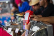 Electronic payment machine at June festival at the Latin America Memorial - Sao Paulo city - Sao Paulo state (SP) - Brazil