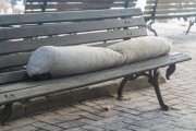 Sandbag on a bench used by homeless people to sleep - Posto 6 - Rio de Janeiro city - Rio de Janeiro state (RJ) - Brazil