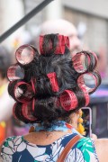 Woman in costume with curlers in her hair - Largo de Sao Francisco de Paula during Fogo e Paixao carnival street troup parade  - Rio de Janeiro city - Rio de Janeiro state (RJ) - Brazil