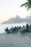 People at tables of Alalao Kiosk with Two Brothers and Rock of Gavea in the background - Rio de Janeiro city - Rio de Janeiro state (RJ) - Brazil